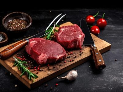 raw-meats-with-spices-utensils-rustic-cutting-board-dark-wood-ai-generative
